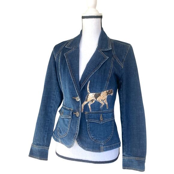 VTG Western Embellished Stretch Denim Blazer Jacket Sz S Horse Girl Pointer Dog - Picture 9 of 13